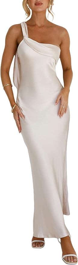 2025 Satin One Shoulder Maxi Dress for Women Summer Silk Formal Elegant Backless Ruffle Sleeveles... | Amazon (US)