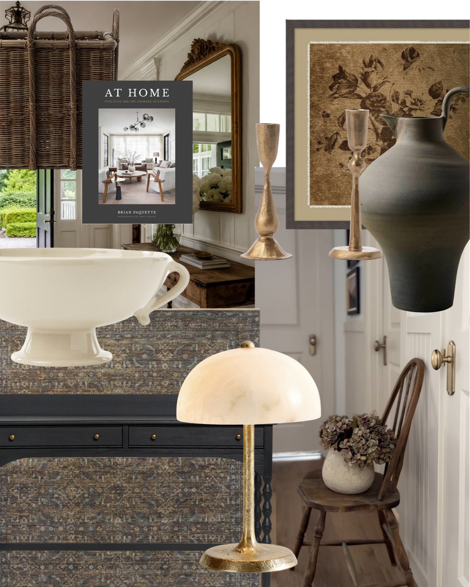 Thoughtful pieces for an entryway that sets the tone, shown here in full. A navy woven console, an alabaster dome lamp, brass candlesticks, a moody ceramic vase, and a framed botanical print, layered and a little moody, exactly the kind of entrance that makes you want to slow down before you even get further into the house.

All linked here 🤍 #LTKhome