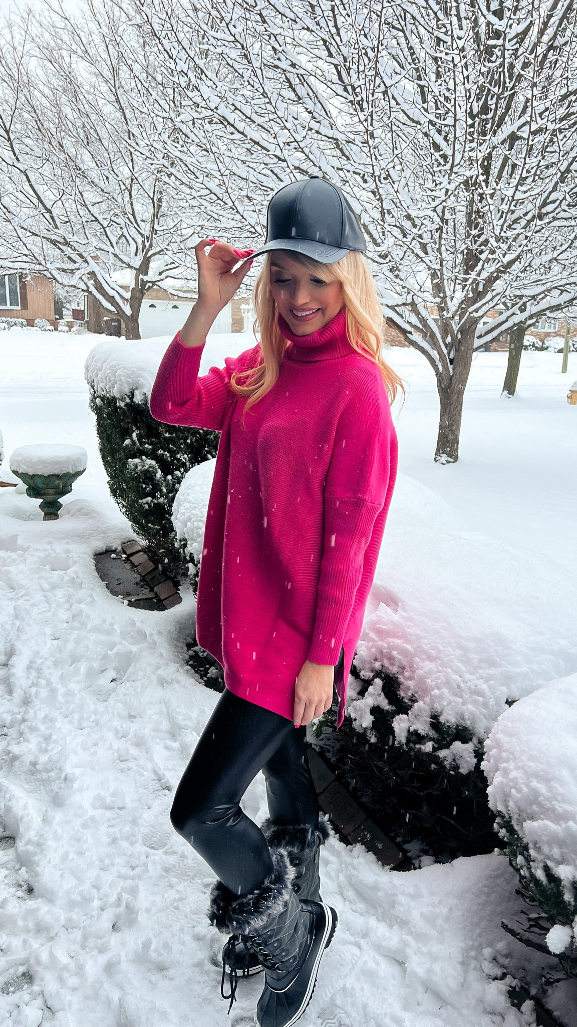 Pink oversized tunic sweater - patent leather leggings - leather baseball cap - Valentine’s Day outfit - Valentines Day fashion - casual look -winter fashion - winter style - Amazon Fashion - Amazon finds - Amazon favorites 

#LTKSeasonal #LTKshoecrush #LTKunder50