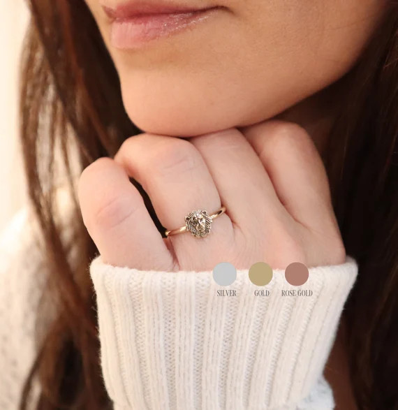 Small Lion Ring, Leo Stacking Ring, Sterling Silver Finish, 24K Gold Finish, Skinny Band Ring | Etsy (US)