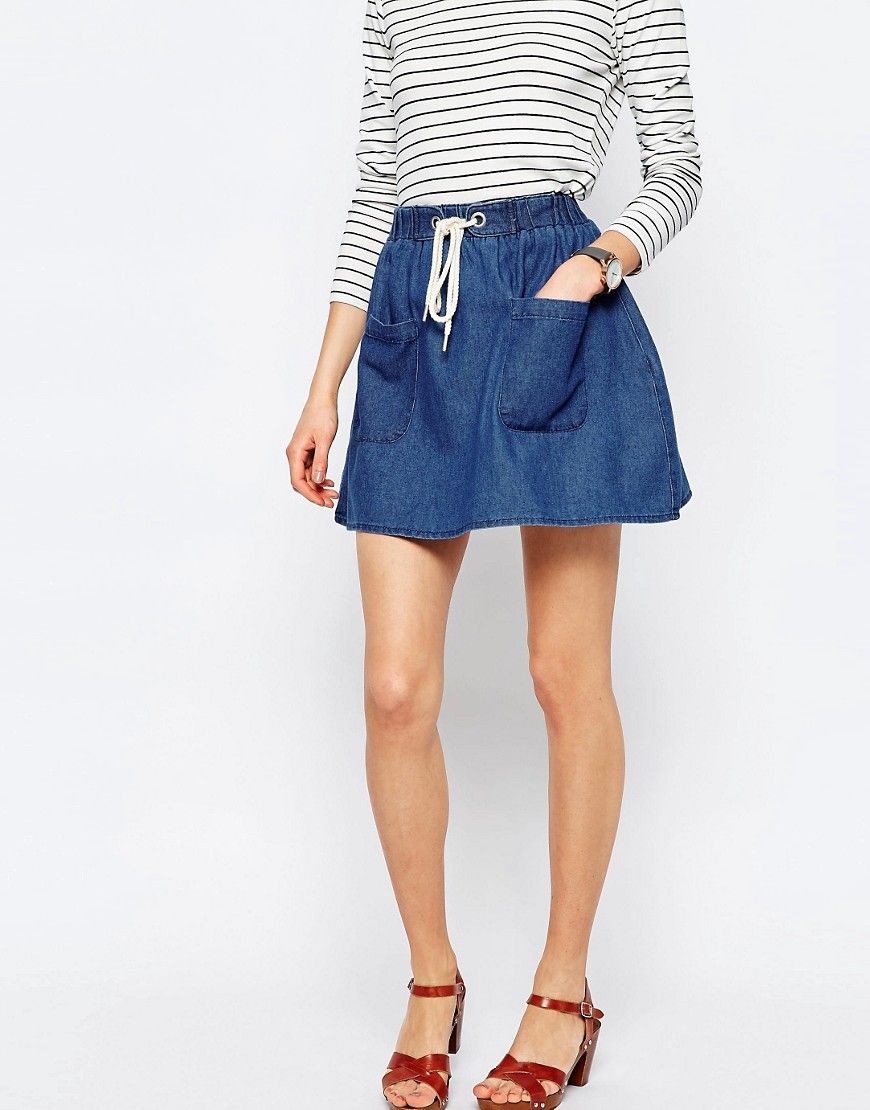 ASOS Denim High Waist With Rope Tie Mini Skirt in Mid Wash Blue | ASOS US