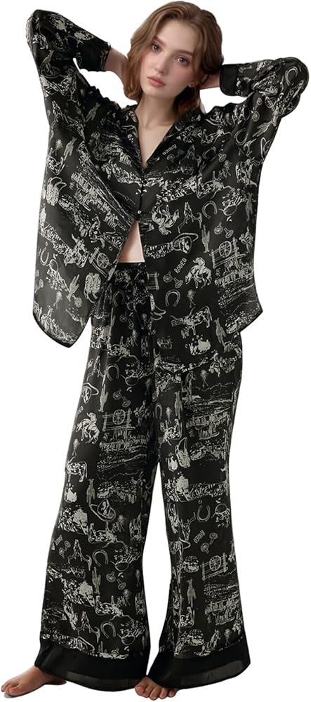 Arssm Women Satin Pajama Set Floral Silk Long Sleeve Pajamas 2 Piece Cute Botton Down Pjs Set Sle... | Amazon (US)