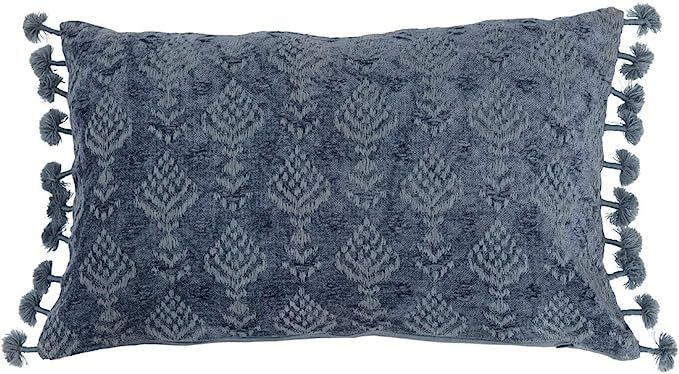 Creative Co-Op Cotton Chenille Lumbar Embroidery and Tassels Pillow, 20" L x 12" W x 2" H, Blue | Amazon (US)