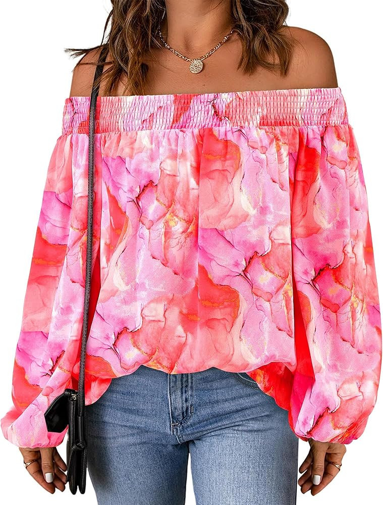 KIRUNDO Off The Shoulder Tops for Women 2026 Spring Summer Tops Boho Floral Blouse Long Sleeve Sh... | Amazon (US)