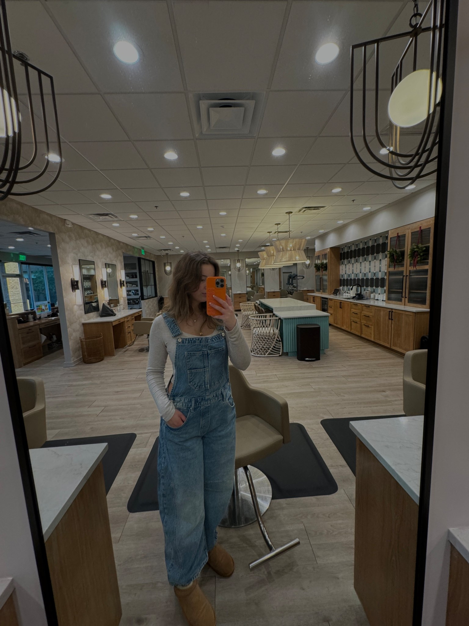 I got a size medium in the overalls and my shirt is a scoop neck, long sleeve from target but I don’t think they sell it anymore ! usually come back around fall every year :)