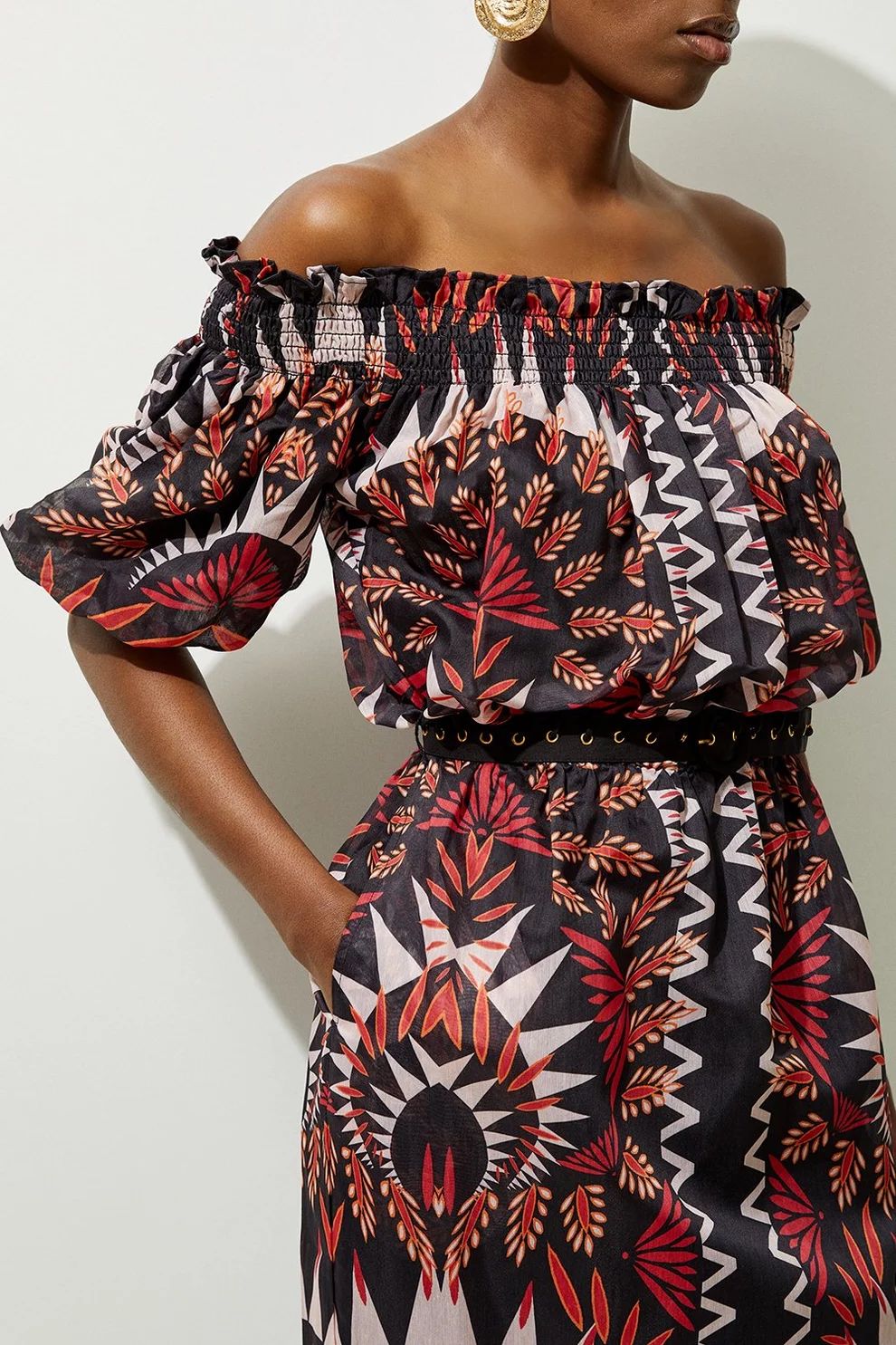 Voile Mirrored Batik Belted Off The Shoulder Midaxi Dress | Karen Millen US