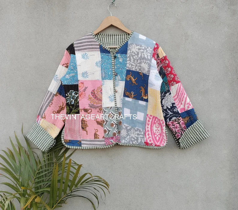 multi color   Indian Handmade Quilted patchwork Kantha Jacket & koat , Free Shipping ,Red color A... | Etsy (US)