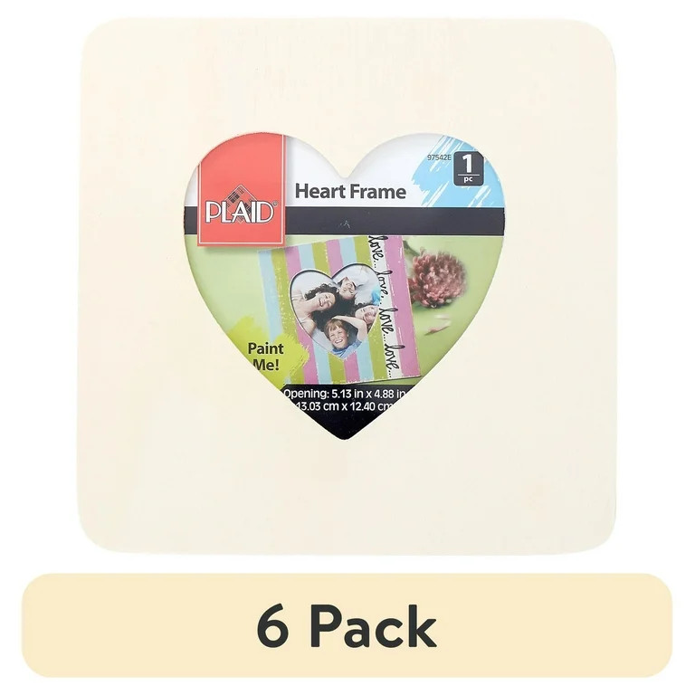 (6 pack) Plaid Unpainted 7.5" x 7.5" Heart Shape Wood Picture Frame | Walmart (US)