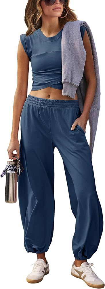 Springrain Womens Two Pieces Outfits Casual Lounge Sets Cropped Tops Sweatpants Tracksuit with Po... | Amazon (US)