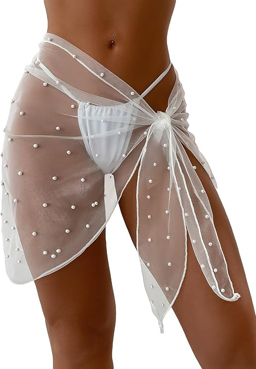 GORGLITTER Women's Faux Pearl Cover Up Sarong Sheer Mesh Bride Swimsuit Beach Bathing Suit Wrap S... | Amazon (US)