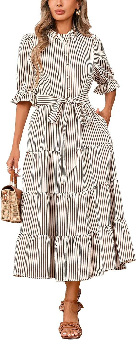Women's Striped Stand Ruffle Collar Maxi Dress Half Sleeve Button Down Flowy Belted Beach Vacatio... | Amazon (US)