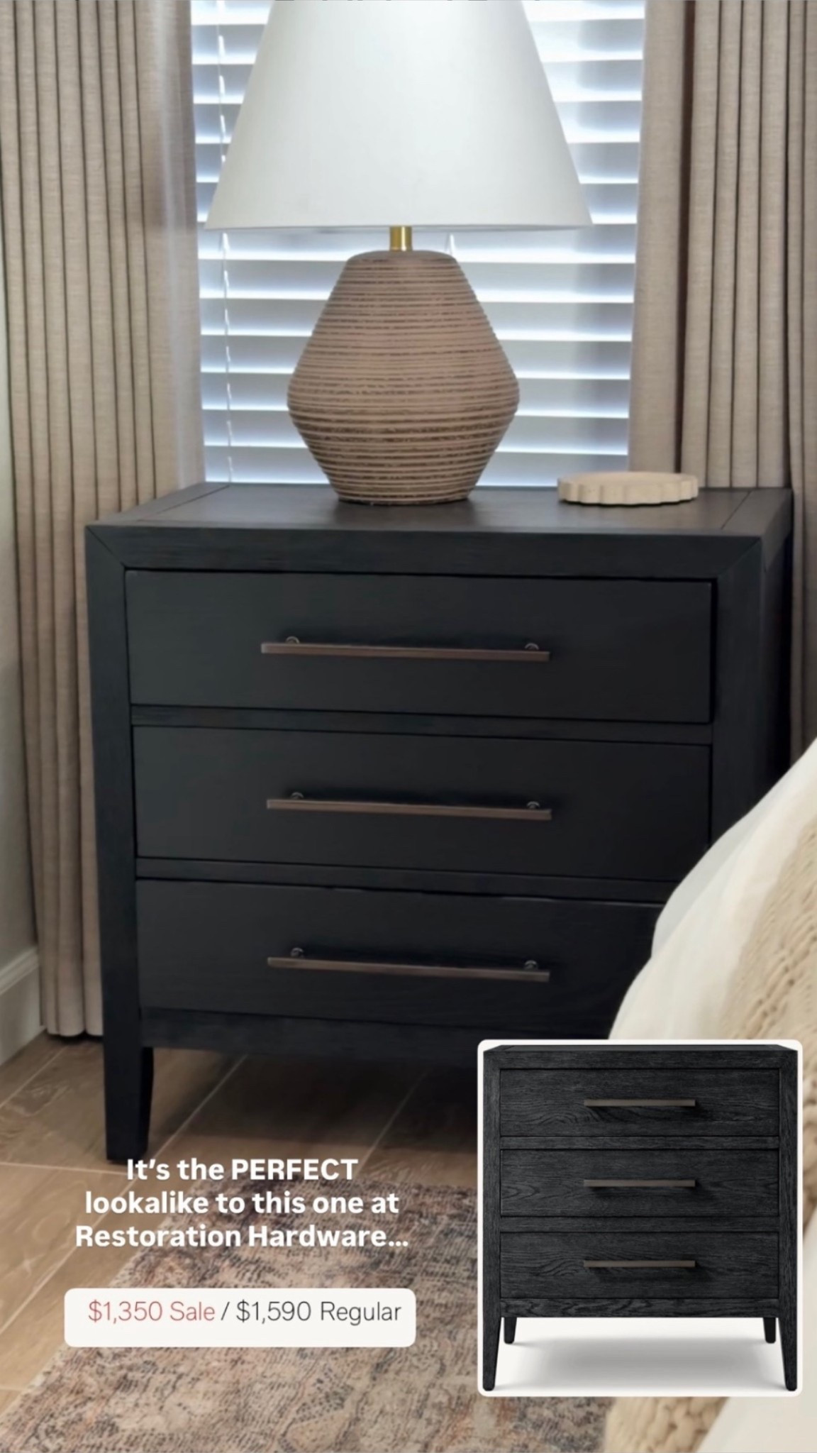 Major bedroom furniture sale alert! 🖤 If you’ve been eyeing that gorgeous, high-end look at Restoration Hardware, the Brentson nightstand from Wayfair is the ultimate lookalike for a FRACTION of the price. While the RH version comes in a few sizes, theirs is only 26”W at this price point—but this beautiful black wood grain piece is a generous 28”W, giving your primary bedroom that perfect, grand designer scale. It arrives fully assembled with three spacious drawers (the top one is even felt-lined!) and sleek matte black metal handles that add the perfect touch of modern elegance.  
+1

Tap the link to shop this affordable nightstand find while it's on sale! ✨

#masterbedroom #nightstand #bedroomdecor #wayfairfinds #rhdupe #neutralhome #affordablefurniture #bedroomdesign #modernhome

Bedroom furniture, black nightstand, wood grain nightstand, affordable nightstands, affordable furniture, black wood nightstands, master bedroom, primary bedroom, modern nightstands, designer lookalike, RH dupe, bedroom inspo, 28 inch nightstand, fully assembled furniture, textured black wood.

#LTKHome #LTKSaleAlert