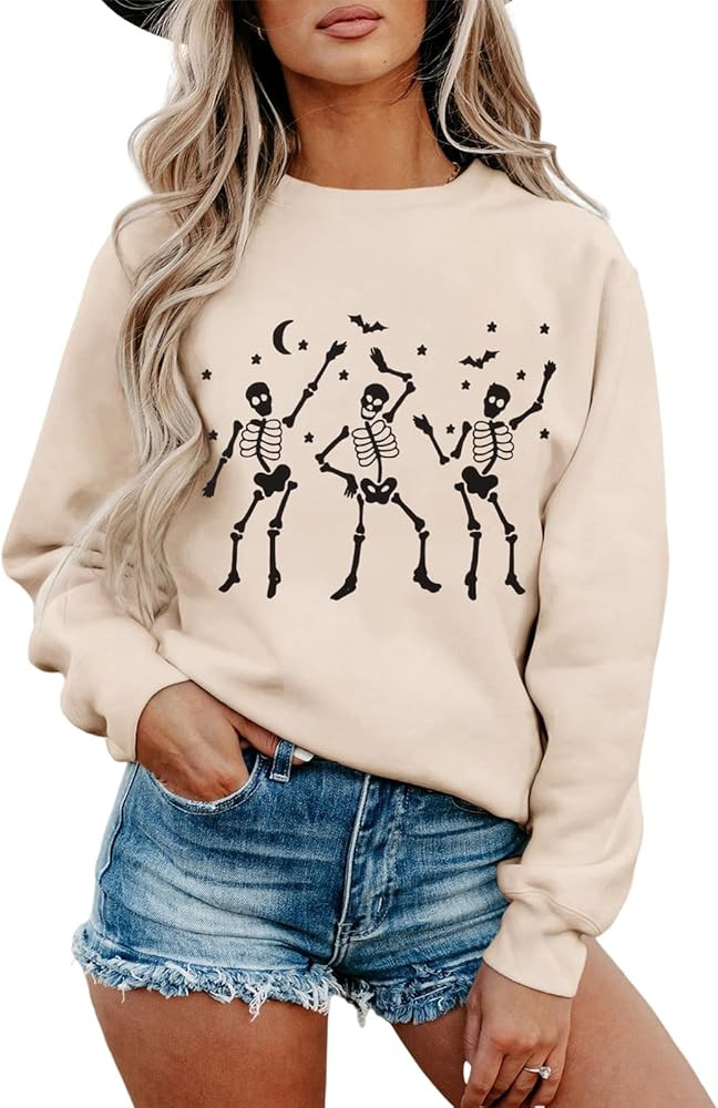 SOFEON Halloween Sweatshirts Women Dancing Skeleton Sweatshirt Long Sleeve Skull Shirts Crewneck ... | Amazon (US)