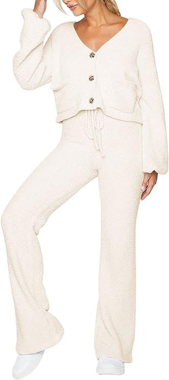 Linsery Women Fuzzy 2 Piece Outfit Button Down Crop Top Wide Leg Sherpa Lounge Sets | Amazon (US)