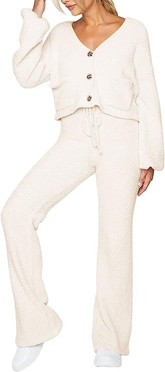 Fixmatti Women 2 Piece Outfit Fuzzy Crop Top Wide Leg Sherpa Lounge Set | Amazon (US)