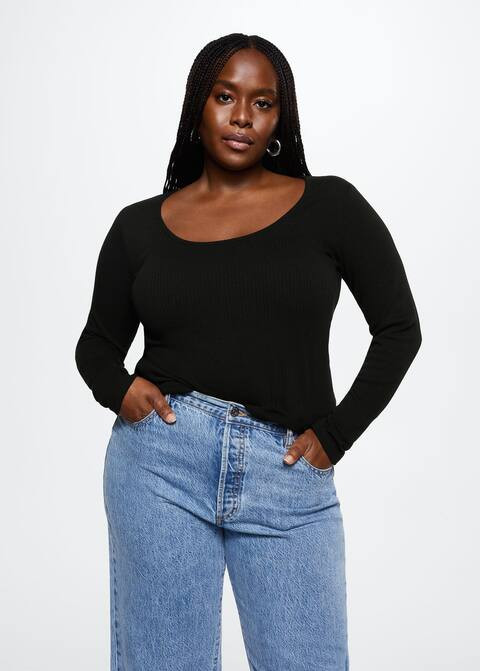 Ribbed long-sleeved t-shirt -  Women | Mango USA | MANGO (US)