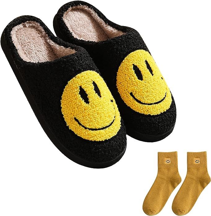 DepiYorSn Happy Face Slippers Retro Cozy Comfy Plush Warm Slip-on Slippers Winter Soft Fuzzy Indo... | Amazon (US)