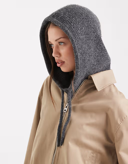 Vero Moda ribbed knitted tie front balaclava in dark grey melange | ASOS | ASOS (Global)