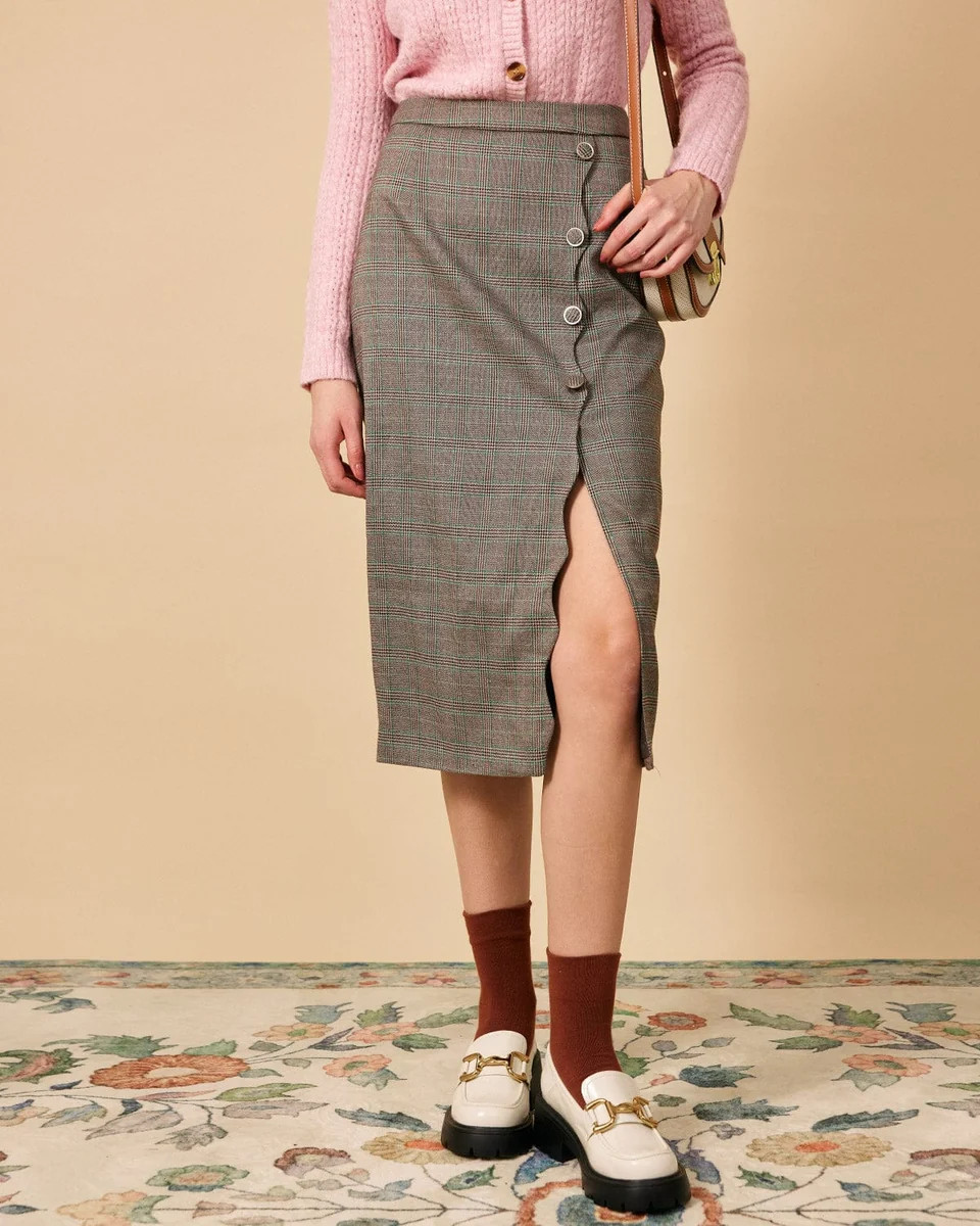 The High Waisted Side Slit Plaid Midi Skirt | rihoas.com