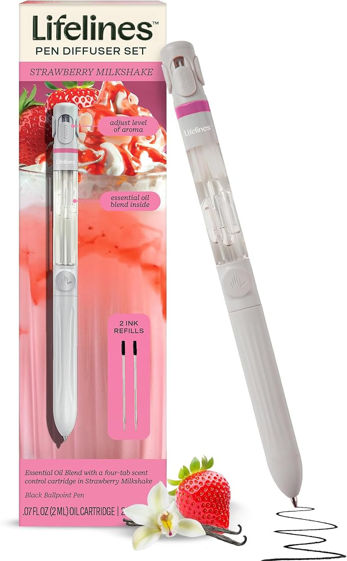 Lifelines Pen Diffuser Set, Strawberry Milkshake - 1mm Black Ballpoint Pen with Scented Essential... | Amazon (US)