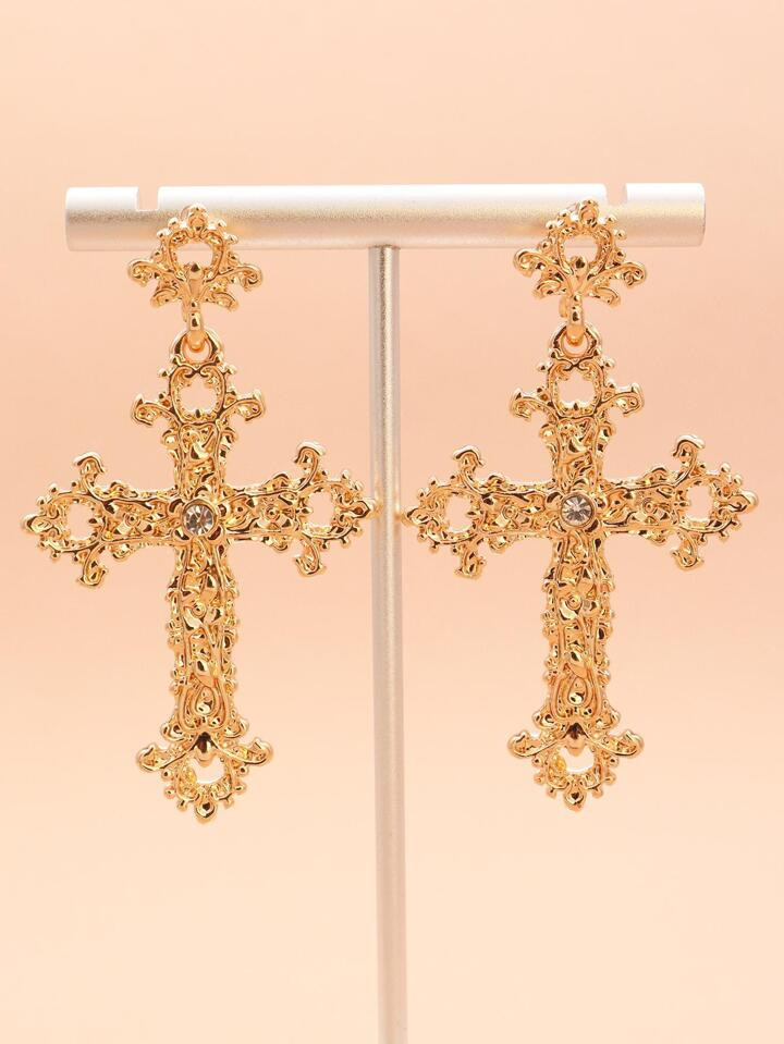 1pair -color Cross Shaped Zinc Alloy Earrings With Rhinestone Detail For Women, Party Gift | SHEI... | SHEIN