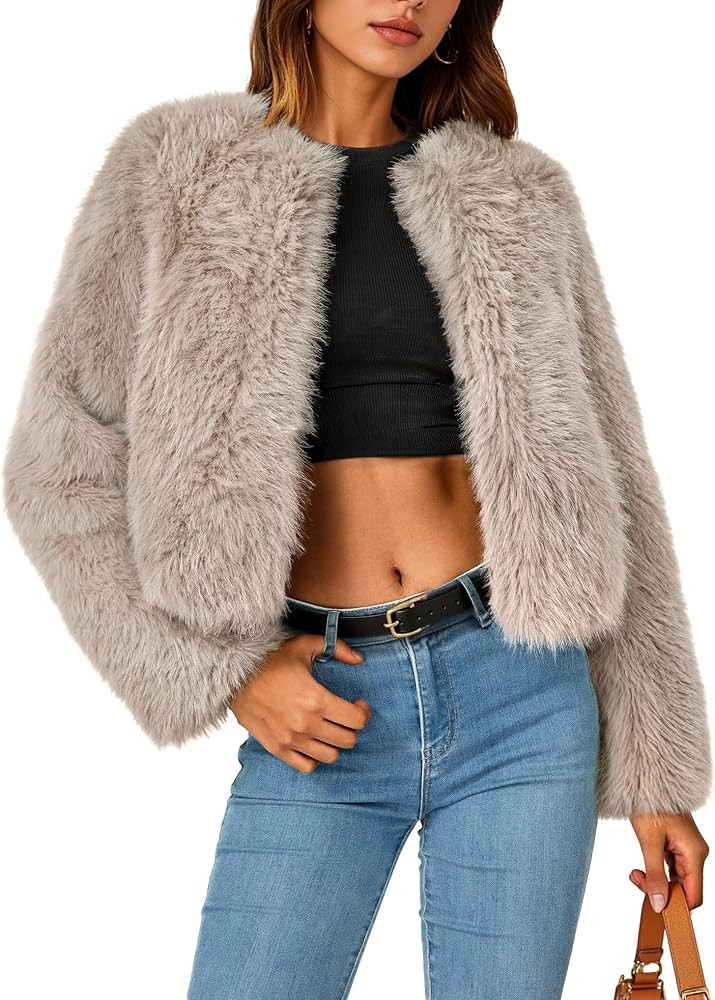ZESICA Women's 2025 Winter Faux Fur Coats Fluffy Cropped Jacket Long Sleeve Shaggy Outerwear Fall... | Amazon (US)