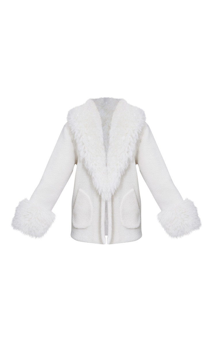 Cream Curly Faux Fur Trim Borg Jacket | PrettyLittleThing US