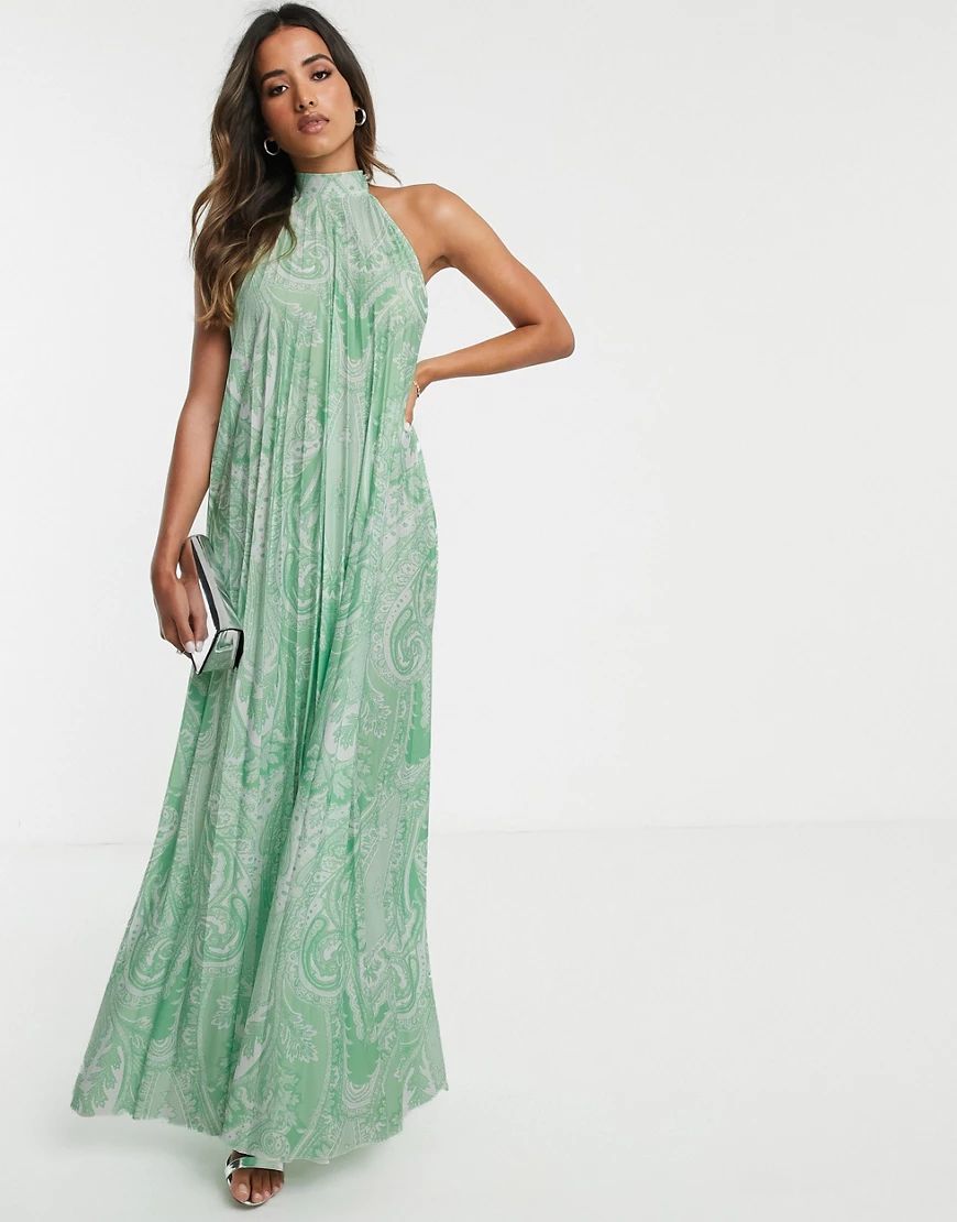 ASOS DESIGN vanessa backless halter pleated maxi dress in paisley-Multi | ASOS (Global)