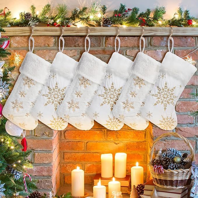 6 Pcs Snowy White Christmas Stockings with Faux Fur Cuff 18 Inches Plush Embroidered Snowflake Xm... | Amazon (US)