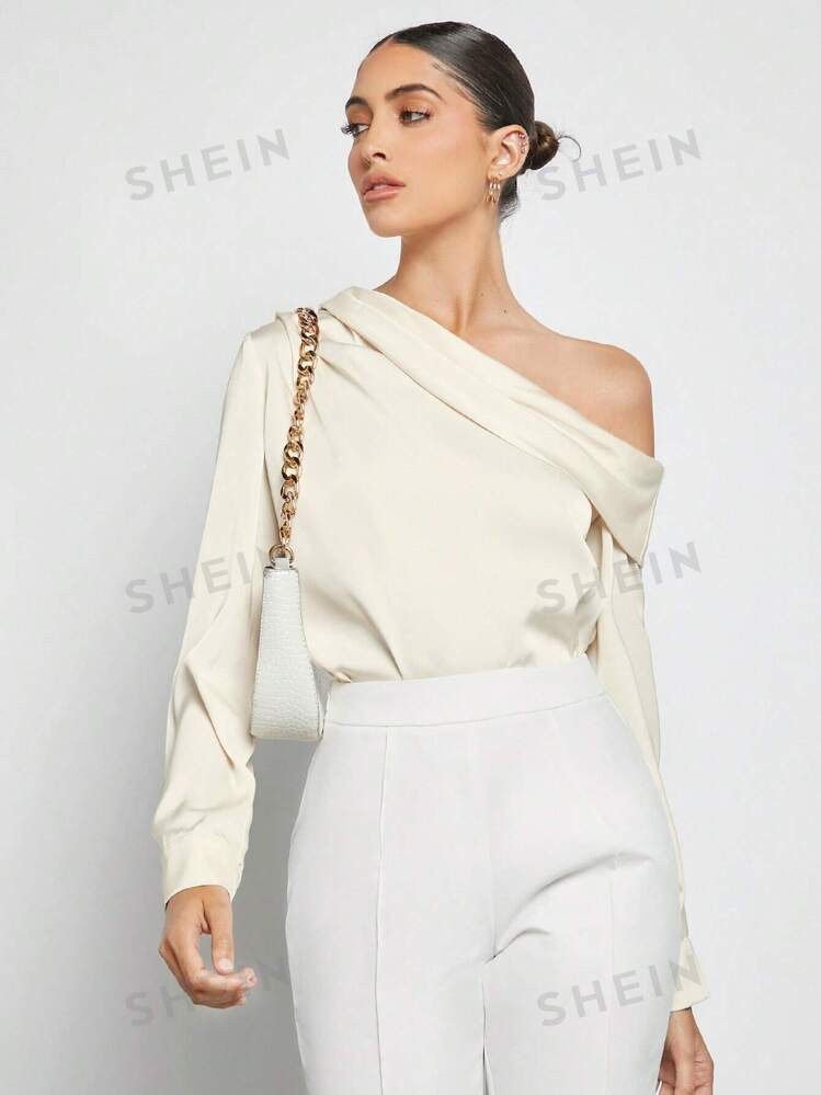 SHEIN BIZwear Asymmetrical Neck Ruched Detail Satin Blouse Long Sleeve | SHEIN USA | SHEIN