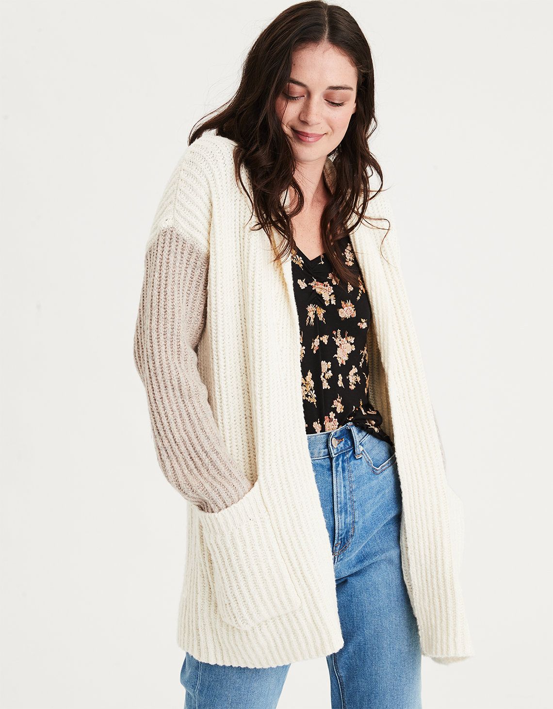 AE Colorblock Shawl Collar Cardigan Sweater, Oatmeal | American Eagle Outfitters (US & CA)