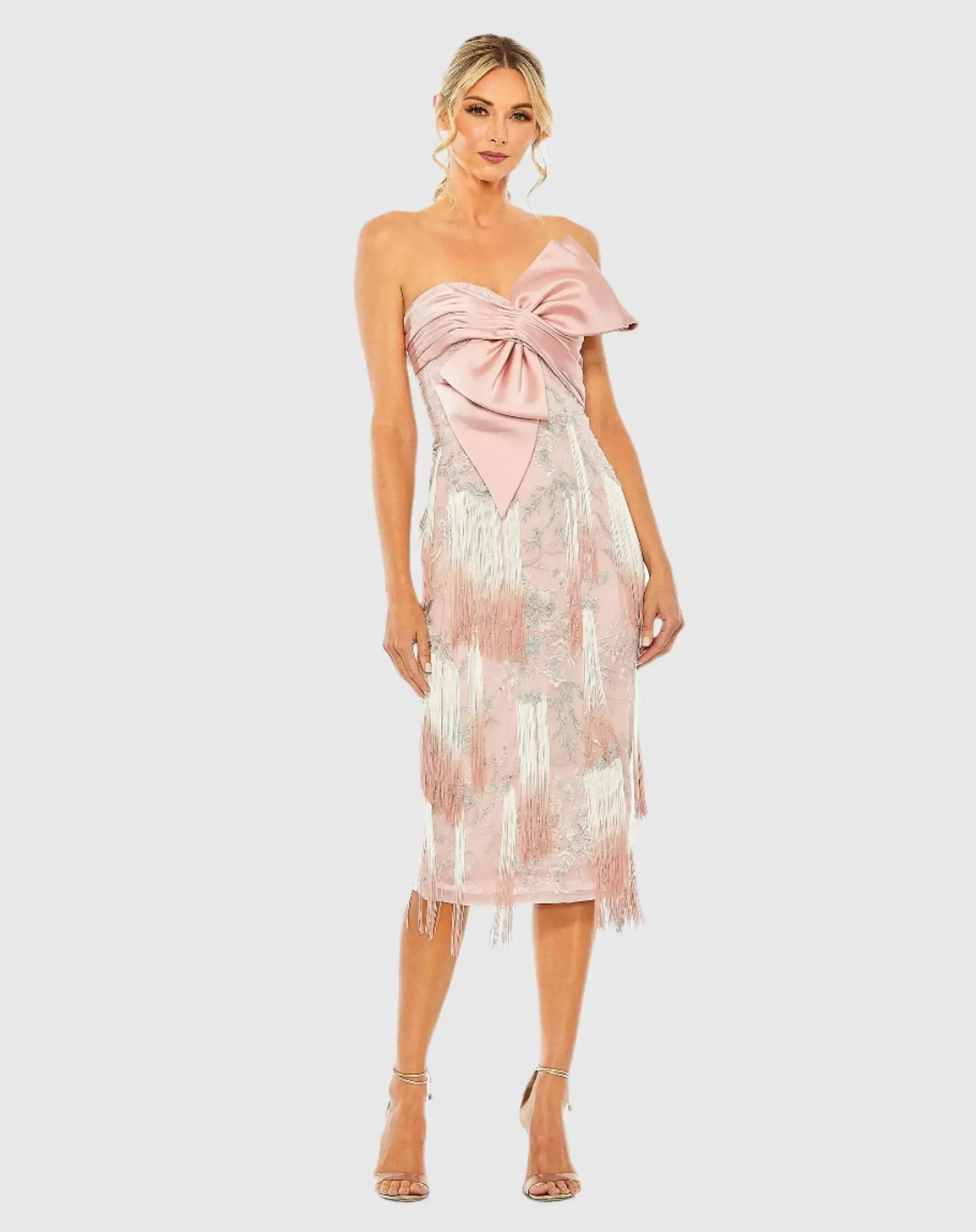 Mac Duggal - Pink Bow Front Ombre Fringe Detailed Dress - FINAL SALE - US 14 | Mac Duggal