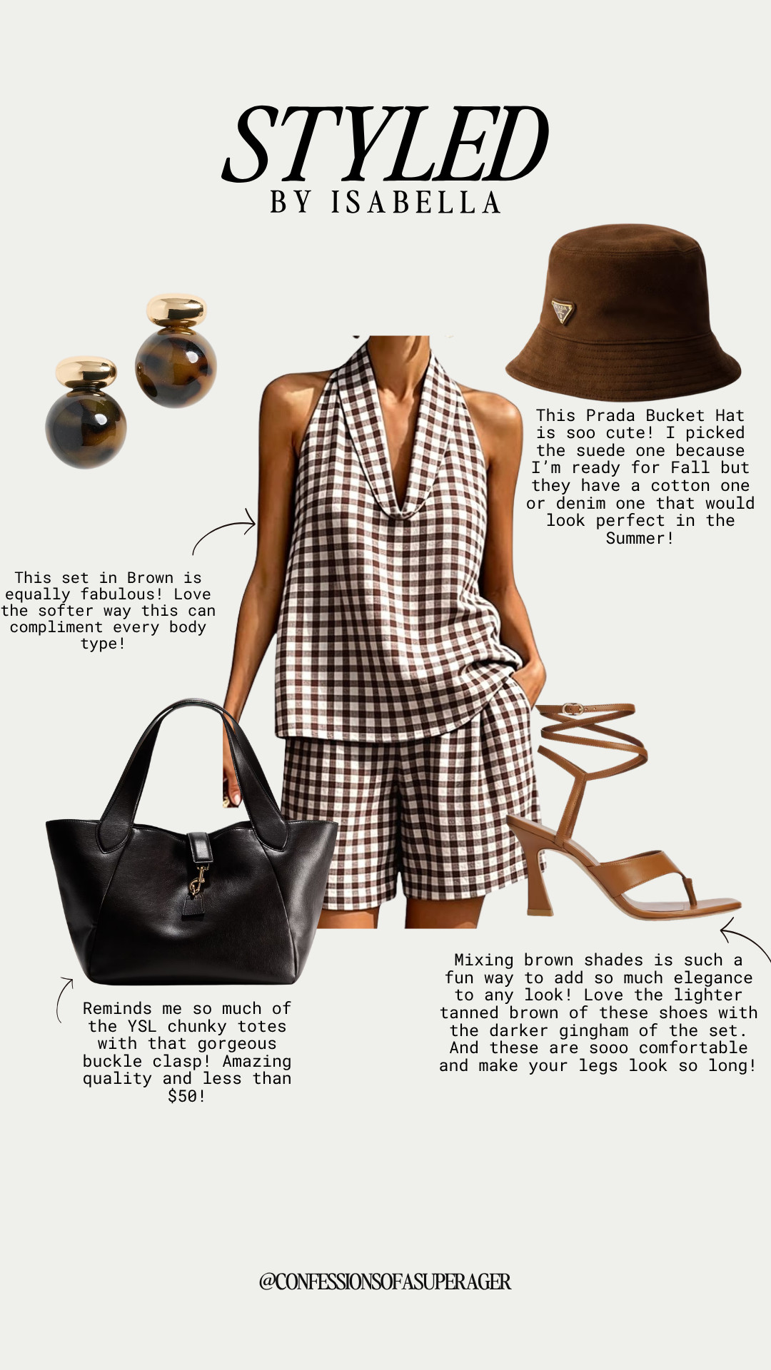 This brown gingham matching set is giving effortless fall style! 🤎✨ The chic halter top and shorts pair beautifully with a suede bucket hat, oversized leather tote, statement earrings, and strappy sandals for an elevated yet easy look. Tap to shop the full outfit and accessories! #FallFashion #FallOutfit #GinghamSet #MatchingSet #BrownGingham #PreppyStyle #ElevatedCasual #ClassicStyle #Over50Fashion #FashionOver50 #AgelessStyle #EverydayStyle #LTKFashion #LTKStyle #LTKFinds #ShopMyLook #ConfessionsOfASuperAger

#LTKootd #LTKSaleAlert #LTKPetite
