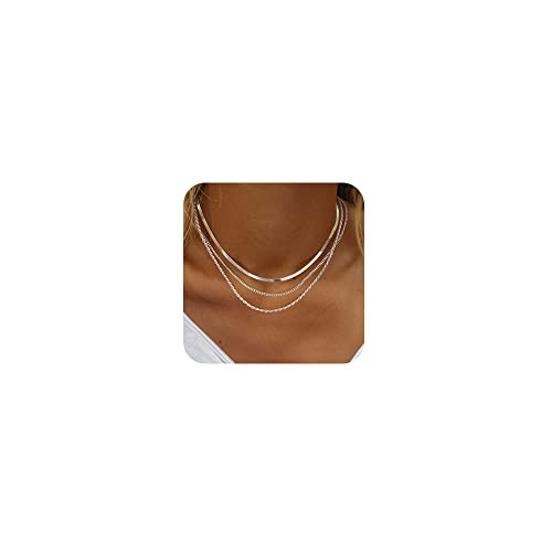 Freekiss Silver Herringbone Necklace for Women, Layered 925 Sterling Silver Necklace Simple Dainty Cuban Rope Snake Link Chain Necklace Set Chunky Choker Silver Jewelry for Women Gifts | Amazon (US)