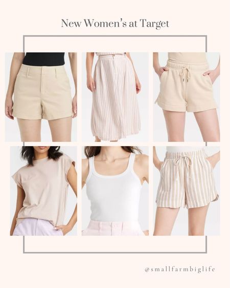 New women’s at Target. Summer outfit. Beige extended shoulder tshirt. White lightweight tank top. Mid rise fleece shorts. Striped high rise linen pull on shorts. Striped a-line maxi skirt. Beige high rise everyday chino shorts  

#LTKFindsUnder50 #LTKSeasonal #LTKOver40