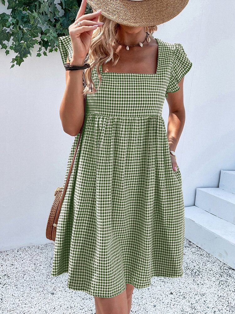 SHEIN VCAY Gingham Square Neck Ruffle Trim Smock Dress | SHEIN