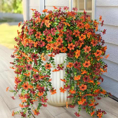Artificial Fall Fake Flowers for Outdoor Fall Decoration,2 Pcs Faux Hanging Flowers Outdoor Fall Decor,UV Resistant Look Real Faux Mums Silk Flower for Outside Home Porch Patio Yard Balcony Planter | Amazon (US)