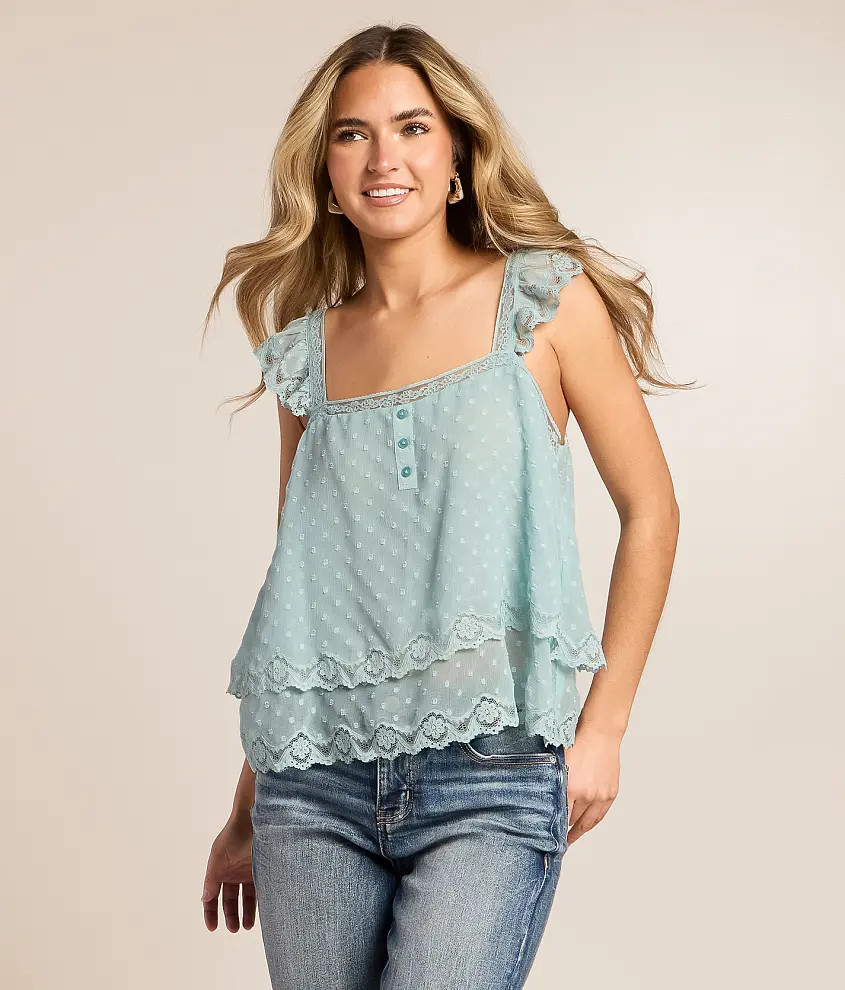 Swiss Dot Ruffle Henley Tank Top | Buckle
