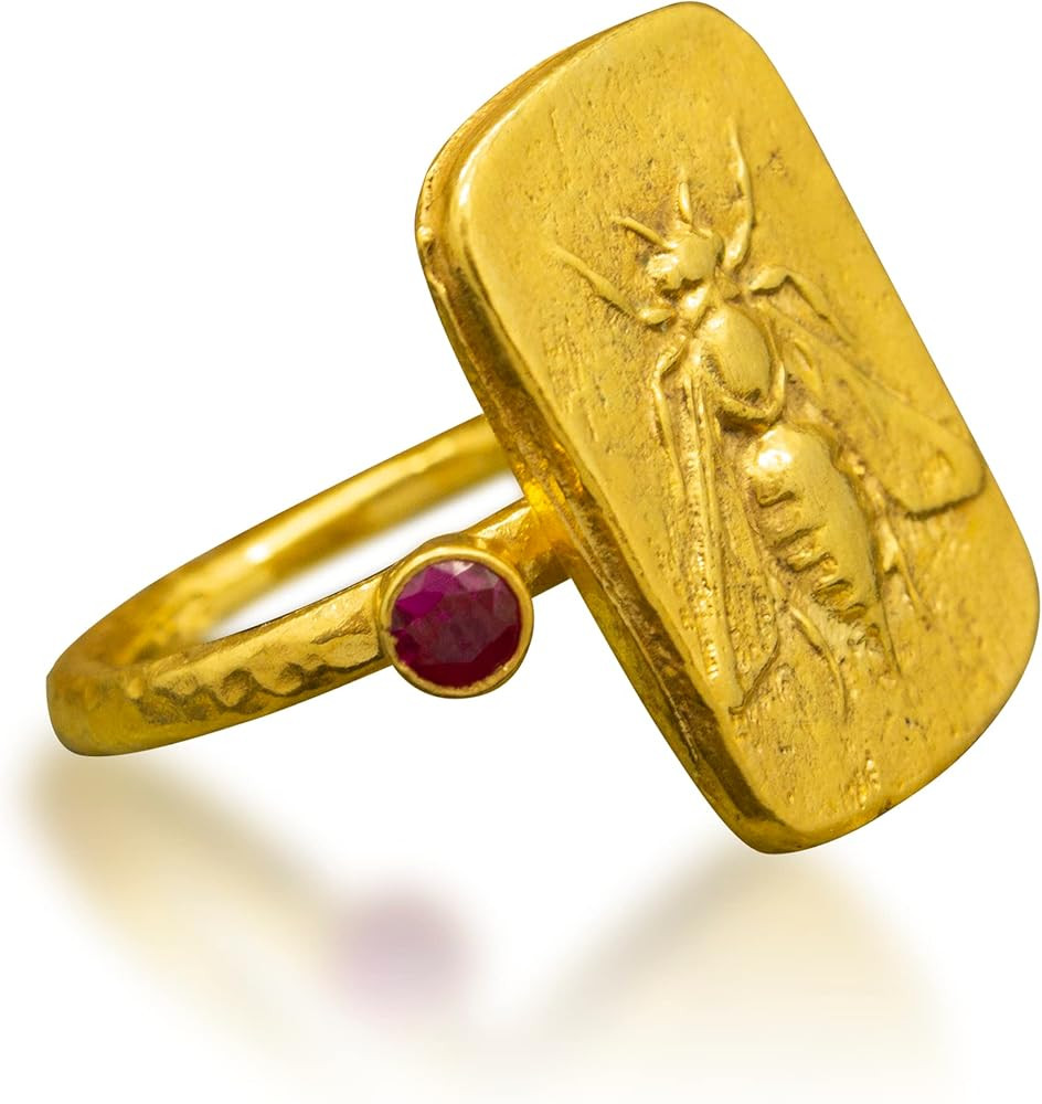 Pellada Greek Honey Bee Ring | 24K Gold Plated 925 Sterling Silver Signet Ring | Queen Bee Symbol... | Amazon (US)