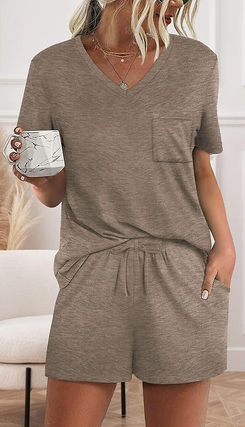 Women's Short Sleeve Pajama Sets with Pockets Casual V Neck 2 Piece Lounge Sets | Amazon (US)