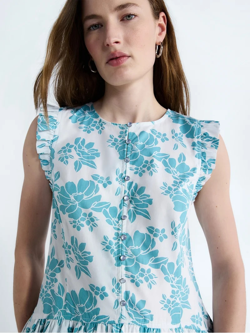 Free Assembly Vestido Mini de Algod\u00f3n para Mujer con Botones Al Frente y Mangas con Vuelo, T... | Walmart (US)
