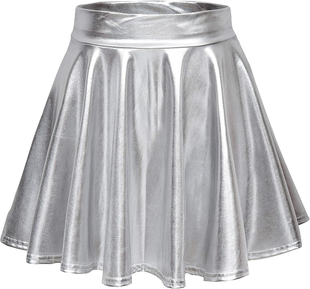 EXCHIC Women's Shiny Metallic Wet Look Stretchy Flared Mini Skater Skirt | Amazon (US)
