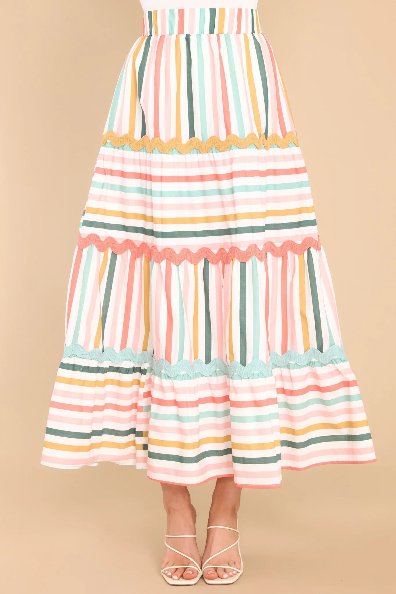 Meet Me For Tea Desert Sage Multi Stripe Maxi Skirt | Red Dress 
