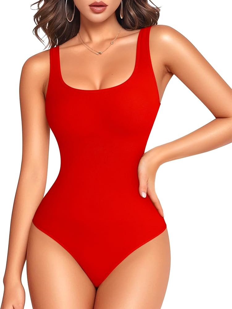 LODAY Bodysuits for Women Scoop Neck Body Suits Sleeveless Double Lined Bodysuit Tank Top | Amazon (US)