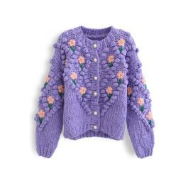 Stitch Floral Diamond Pom-Pom Hand Knit Cardigan in Purple | Chicwish