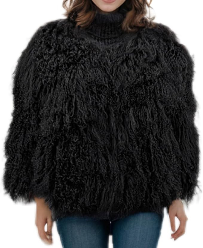 LVCOMEFF Women Real Mongolian Fur Coat Fur Jacket Long Sleeve Shaggy Outwear Premium Warm Winter | Amazon (US)