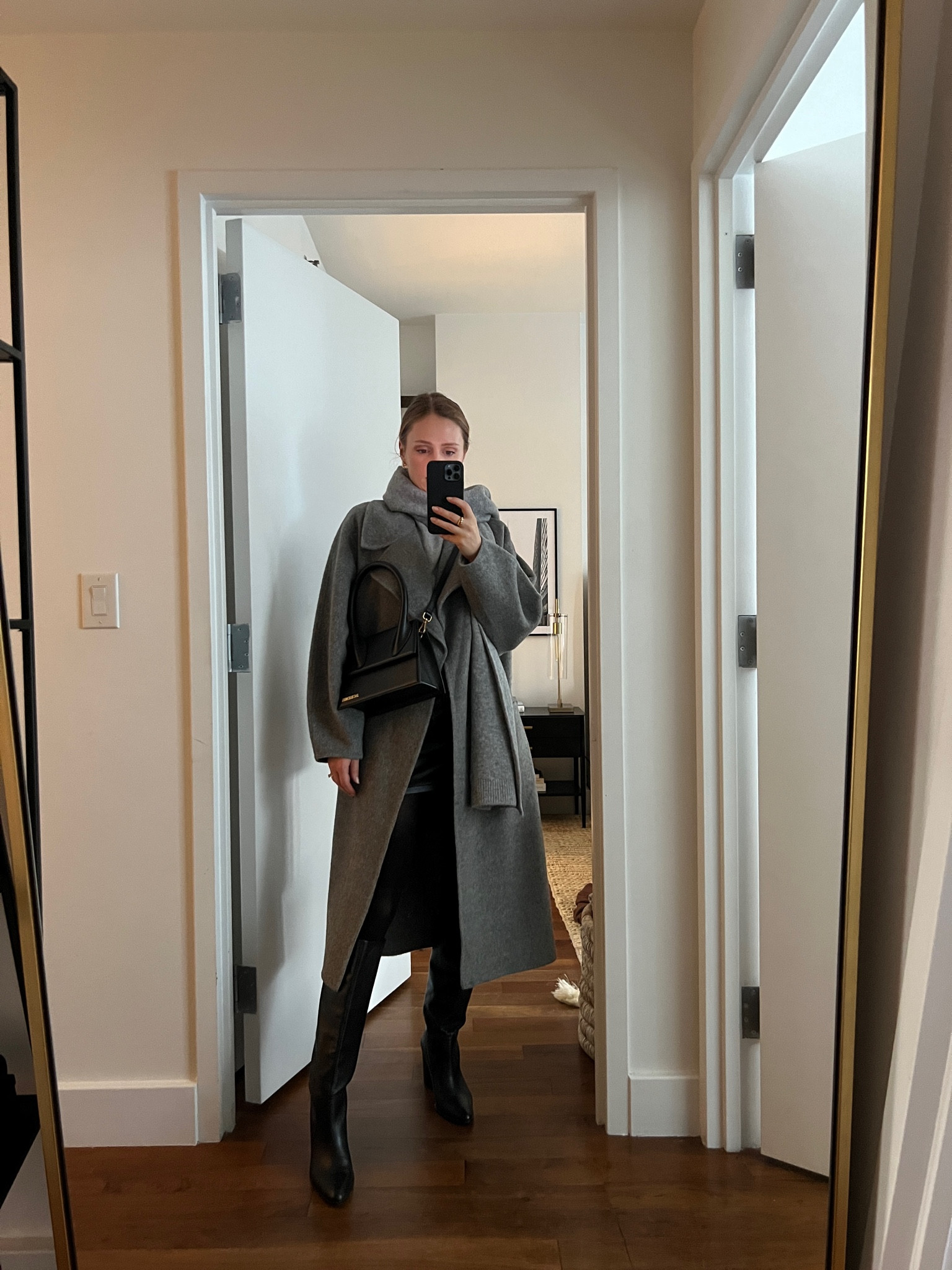 Grey oversized coat with knee high boots and tights outfit 

#LTKSeasonal #LTKstyletip