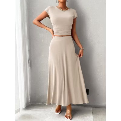 Women's 2 Piece Summer Outfits Dressy Casual Knit Short Sleeve Crop Top High Waist Midi Skirt Set Apricot X-Large | Target