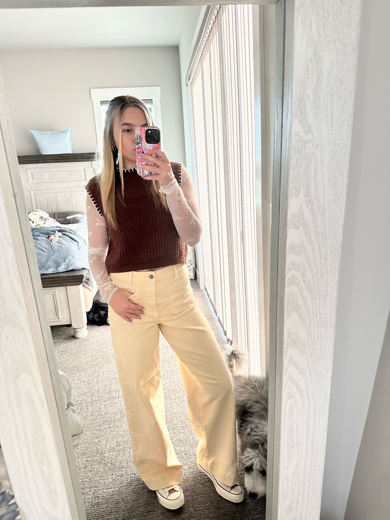 Golden hour neutrals + the cutest layered look 🤎✨ This entire outfit is from  Altar’d State￼ and I’m obsessed with how effortlessly chic and cozy it feels for fall transition outfits! From the cream wide leg pants to the lace mesh long sleeve and brown sweater vest combo, this look is perfect for brunch dates, shopping days, or casual elevated style inspo 🍂☕️🤍

Comment YELLOW for direct links 💛 #LTKStyle #LTKFashion #AltarDState #FallFashion #NeutralOutfits #WideLegPants #LayeredLook #CasualChic #FallOutfitInspo #CreamPants #SweaterVest #FashionInspo #EverydayStyle #OOTD #NeutralStyle

#LTKgrwm #LTKootd #LTKdayinmylife