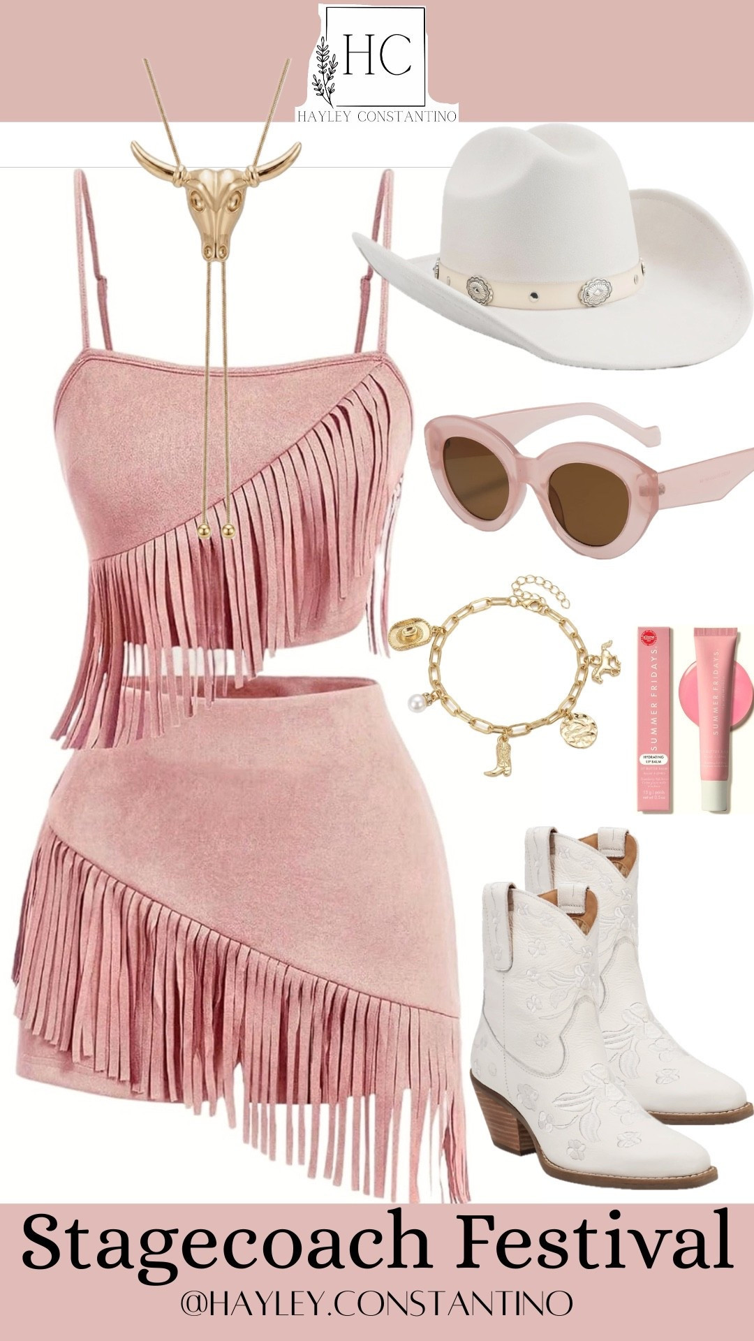 Yeehaw, babe! 🤠💕 This Stagecoach-ready cowgirl look is serving country concert glam with a little desert-dust drama—and we are absolutely here for it!

The star of the show is that dusty-rose fringe two-piece set. The flirty cropped top and matching skirt bring all the movement, because if there’s a country song with a beat, that fringe needs to be dancing! 💃🏼 The soft blush-pink hue keeps the Western vibe feminine, while the fringe says, I came to the rodeo, but make it fashion.”

Top it off with a classic white cowboy hat for that sun-soaked festival feel, then add the white embroidered cowboy boots for a little country charm from head to toe. The boots bring just enough Western attitude while keeping the whole look fresh and girly.

And the accessories? So good, pardner.🤠✨ The gold longhorn necklace is giving Texas-meets-glam, while the chunky gold charm bracelet adds a little sparkle, personality and “yes, I absolutely planned this outfit” energy. Finish with oversized blush sunglasses for those golden-hour festival photos and a touch of country-chic mystery.

💗 The vibe: Pretty in pink meets Nashville cowgirl meets festival queen.
🐎 The dress code: Fringe, boots, bling & a whole lotta yeehaw.
🌵 Wear it: Stagecoach, country concerts, rodeos, Nashville nights, line-dancing dates, or anywhere you plan on two-stepping until your boots beg for mercy.

Basically: saddle up, sunshine—this cowgirl didn’t come to sit on the sidelines. She came to steal the spotlight!** 🤠🎶✨